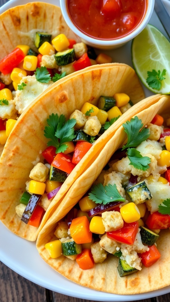 A plate of crispy vegetarian tortillas filled with sautéed vegetables, garnished with cilantro, served with salsa.
